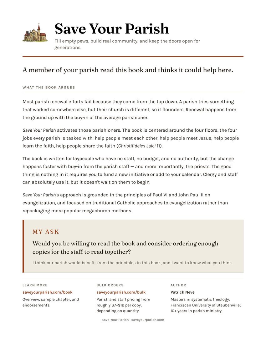 Preview of page one of the Save Your Parish pastor one-pager